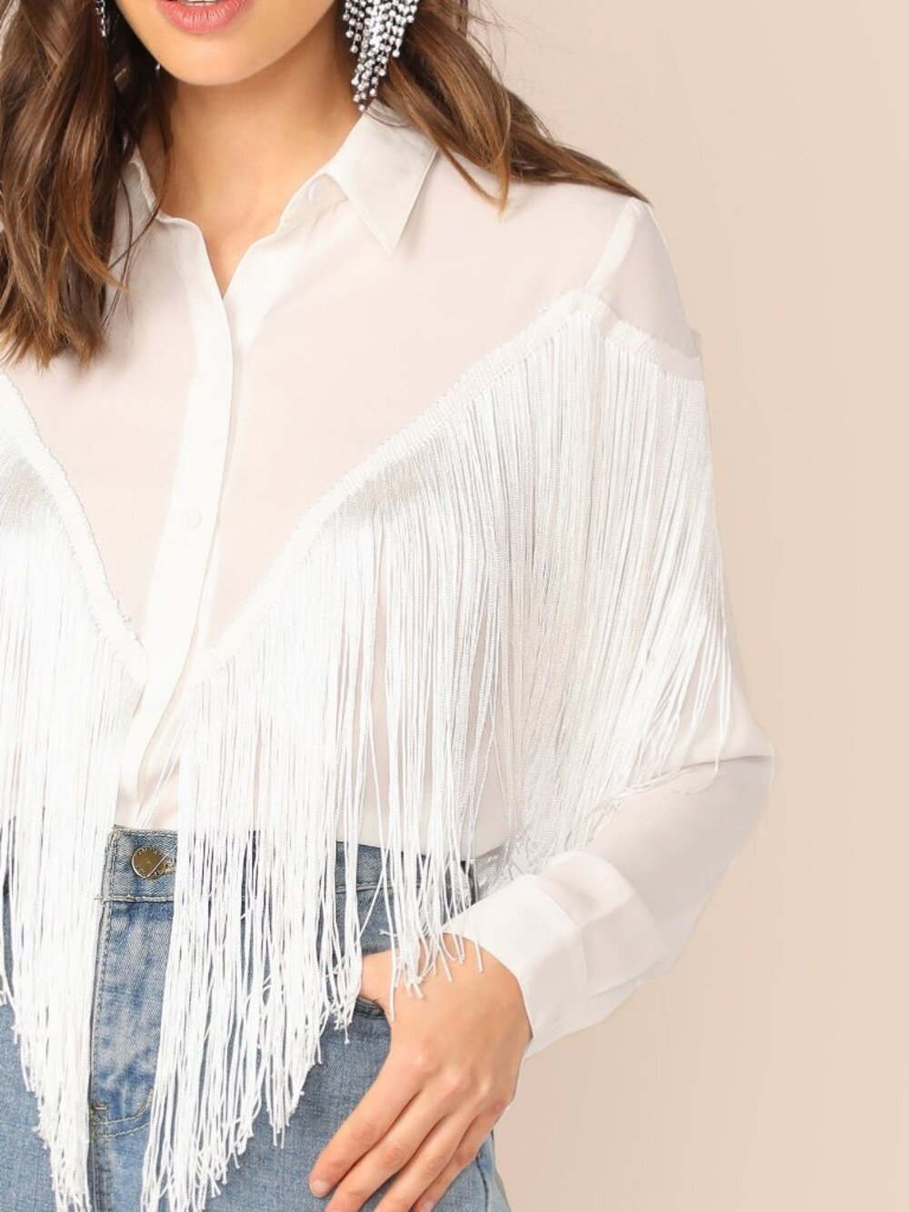 Women's Chevron Fringe Trim Shirt - Picture 5 of 6